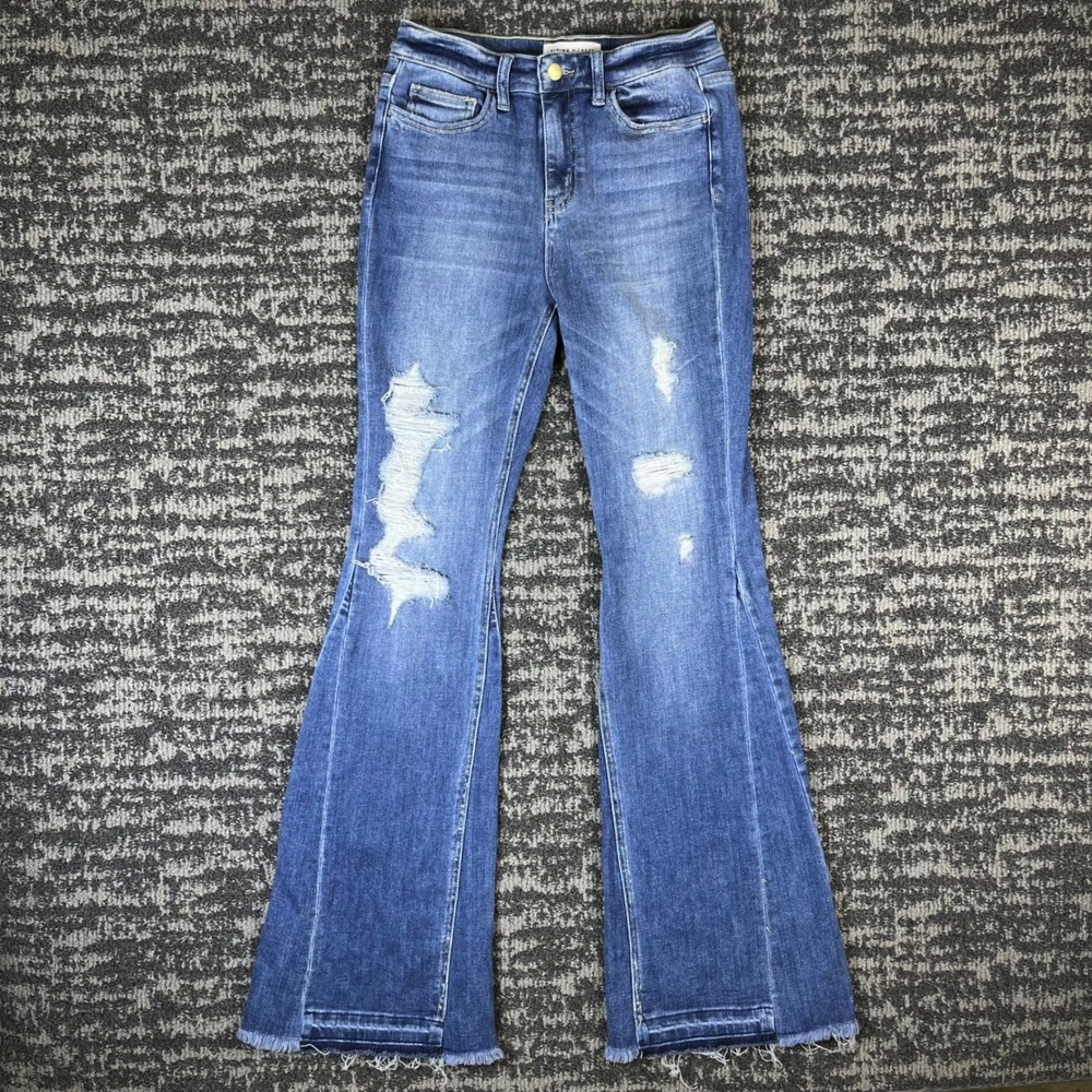 Flying Monkey Flare Jeans Womens 27 Blue Distressed Raw Hem Bell Bottom F4048